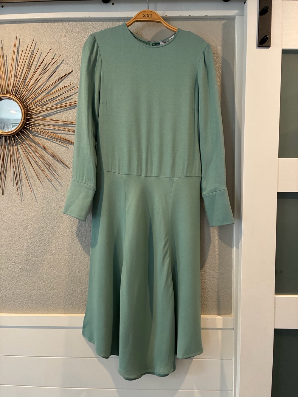 Angel Schlesser Sage Green Long Sleeve Midi Dress with Fitted Waist